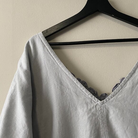 Handmade Plus Size 100% Linen Blue Grey Patch Pocket Floral Appliqué Dress - Picture 10 of 16